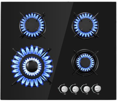 TopStrong Gaskochfeld 4 Flammig, 60cm Gaskochfeld Gasherd mit Automatischer Thermoelementschutz, Einbau 4 Zonen Glas Gaskochfeld，8060W, 220-240V，Erdgas/Propangas
