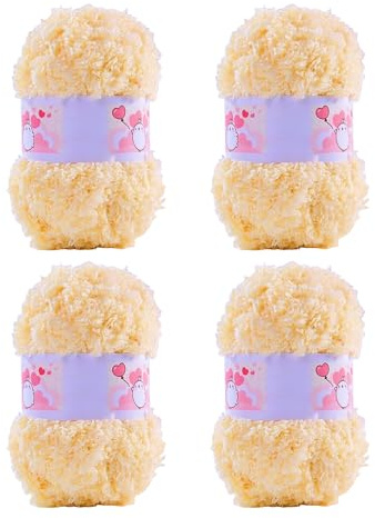 ACESOME 4 gomitoli di peluche da 50 g con frange, filato di pelliccia artificiale morbido per lavorare a maglia, in microfibra (giallo latte)