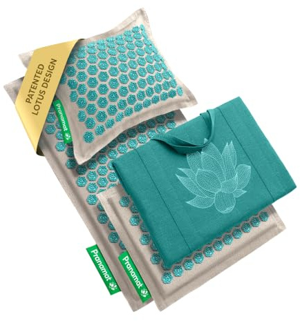 Pranamat Acupressure Large & Small Mat with Pillow and Bag Set, Premium Acupressure Therapy for Pain Relief and Relaxation, Handcrafted in Europe with Sustainable and Natural Materials (Lagoon)