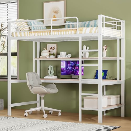 NovaFurnish Cama alta, 90 x 200 cm, barandilla, escalera con USB y enchufe, con luces LED, escritorio, estantería de varios niveles, sin colchón, metal, color blanco
