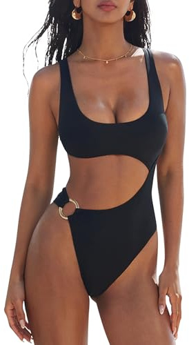 SUUKSESS Women Sexy One Piece Tummy Control Swimsuit Cutout Backless Slimming Swimwear 2025 Cheeky Side O-Ring Bathing Suit (Black,Medium)