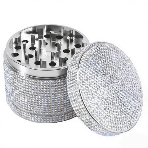 Sytranrein Macinino per Erbe in Alluminio - Macinino a Diamante da 50mm per Erbe Secche e Spezie, Macinino in Metallo a 4 Parti con Raccoglitore di Polline (Argento)