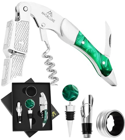 AM DELUXE Wine Bottle Opener Set - Professional Waiters Corkscrew Wine Opener, Wine Aerator Pourer Spout, Wine Bottle Stopper, Wine Collar Drip Ring. 4-Piece Wine Accessories Gift Set