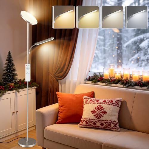 YICAIZI Stehlampe Wohnzimmer, 42W Deckenfluter mit Leselampe, 4200LM LED Stehlampe Dimmbar mit 2700K-6500K Farbtemperatu, Moderne Standleuchte mit Fernbedienung & Touch-Steuerung, Silber