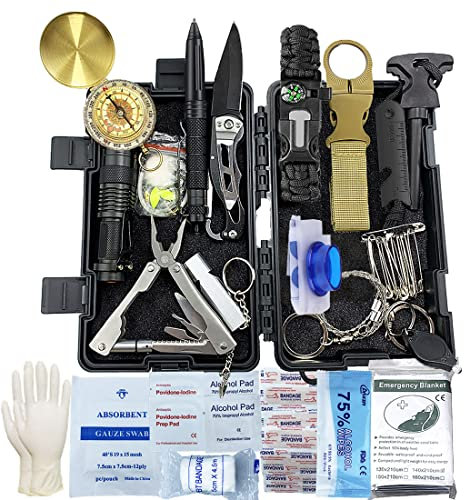Kit de Supervivencia, 24 en 1 Multifuncional Equipo de Botiquín primeros auxilios profecional, Regalos ideales de Navidad y cumpleaños para Hombres para Viajar Caminar Acampar