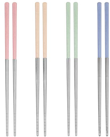 Goth Perhk 4 Pairs 304 Stainless Steel Reusable Chopsticks | Multicolor Safe Metal Chopsticks Non Slip Square Chopsticks
