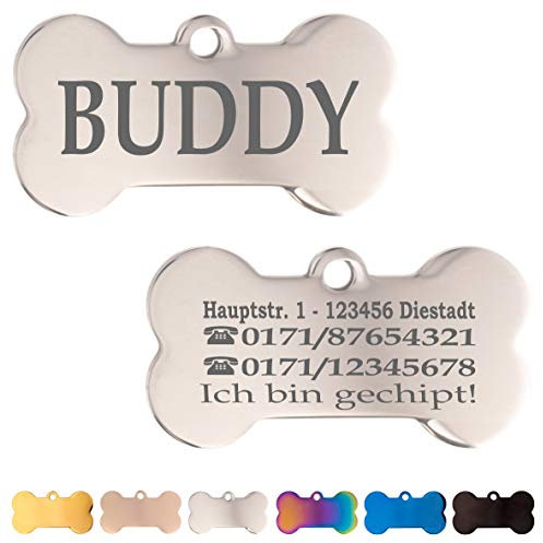 Ibera gifts - Hundemarke mit Gravur und personalisierte Hundemarke in Knochenform für mittelgroße bis große Haustiere (Silber)