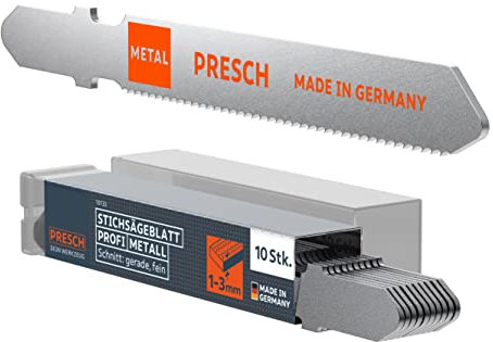 Presch Jigsaw Blades Metal 10 pcs. - Precise in Thin Sheets (1-3mm) - Durable T-Shank Saw Blades for All jigsaws - Saw Blades for Thin Sheets, Non-Ferrous Metals and Many More