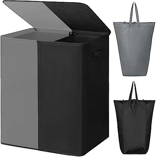 WOWLIVE 154L Double Laundry Basket with lid large washing basket and Removable Laundry Bags Large Collapsible 2 Dividers washing basket with Handles for Bedroom Laundry Room Closet (Grey+Black)