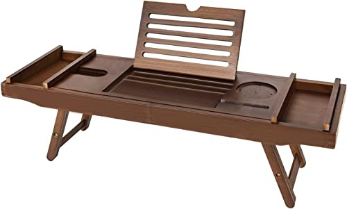 Aggloz | Bath Caddy with Leg | Extendable Bath Tray for Bathtub | Wine Glass, Book, iPad & Phone holders | Adjustable Bath Table Shelf over Tub with Bathroom Accessories | Spa Experience | Brown