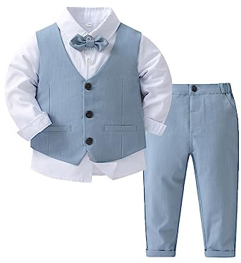 MSemis Traje Elegante de Bautizo para Bebe Niño Camisa de Manga Corta con Pajarita y Chaleco Boda y Pantalones Largos de Traje Caballero Ropa de Bautismo A Azul Claro 9-12 Meses