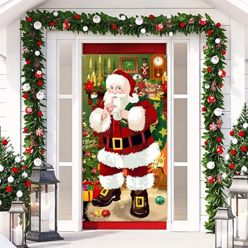 Christmas Door Cover, 73 x 36in Santa Claus Door Cover Outdoor Xmas Door Decorations Hanging Christmas Doorplate Garage Door Banner Party Favors Decor for Inside& Outside Use