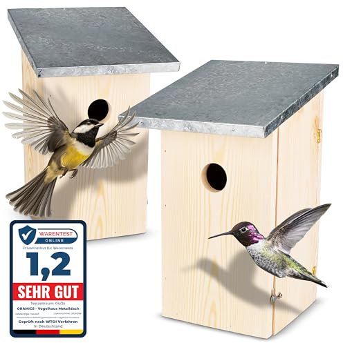 Oramics Nistkasten 2er Set – Vogelhäuser aus Kiefernholz mit wasserdichtem Metalldach – Wetterfeste Nisthäuser zum Aufhängen für Wildvögel & Gartenvögel – Ideal für Garten & Terrasse