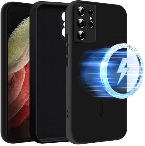 Magnetisch Handyhülle für Samsung Galaxy S21 Ultra 5G Hülle Kompatibel mit MagSafe Induktives Laden, Extrem Dünn Silikon Stoßfest Kratzfest Schutzhülle Case mit Weiches Mikrofaserfutter - Schwarz