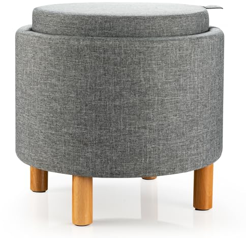 GIANTEX Taburete Redondo Acolchado Multifuncional, 44 x 44 x 42 cm, Reposapiés con Bandeja Reversible y Espacio de Almacenamiento Oculto, Taburete Otomana para Salón, Entrada (Gris)
