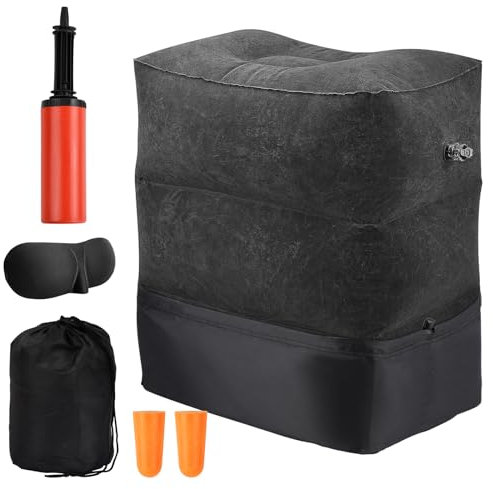 Wisebom Reise Fußstütze Kissen Aufblasbares Fußstütze Kissen Höhenverstellbare Flugzeug Reisekissen Fußstütze Flugzeug für Kinder 3-Schicht Tragbare Beinstützkissen für Auto Zug Zuhause Büro (Schwarz)