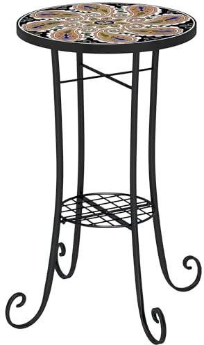 Outsunny Table de jardin ronde en mosaïque de 35,5 cm avec étagère, dessus en carreaux de céramique, petite table d'appoint de jardin, table d'appoint de bistrot, support de plantes pour intérieur