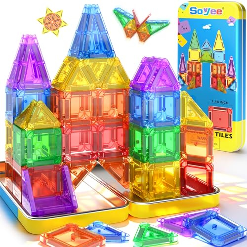 Mini Magnetic Tiles Travel Set with Metal Tin Box, Building Toys for Kids Ages 3-8 Portable Montessori STEM Travel Toys for Boys & Girls Christmas Birthday Gifts