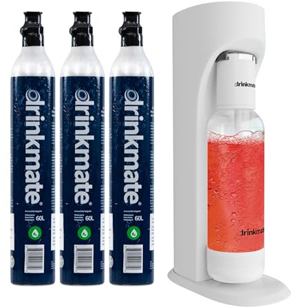 Drinkmate OmniFizz Sparkling Beverage Maker, Classic White | Carbonates Any Drink with Push-Button Simplicity, Comes With 1L Bottle & 3x 60L CO2 Cylinder