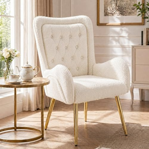 Hellove Sillones de Salon con Patas de Metal, Butacas Dormitorio Silla Tocador Moderno, Teddy Sillón Lectura, Silla Orejero Nordica Escandinavo para Salón, Dormitorio, Oficina, Tocador, Blanco