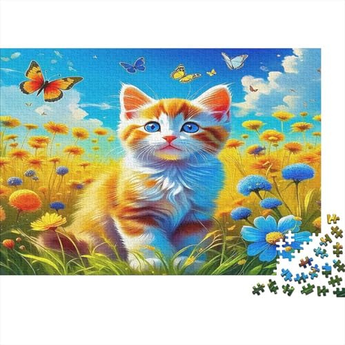 Rompecabezas 1000 Piezas Gato Naranja en Flores Cartón Reciclado 100% Familias Jóvenes Encastre Preciso 38x26cm