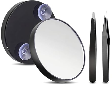 Magnifying Makeup Small Mirror with Suction Cups, Portable Small Travel Magnifying Mirror with Tweezers, Stick On Magnified Suction Mirrors for Precision Eyebrow Plucking, Skincare (50X)