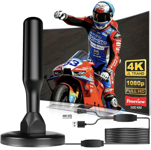 DVB-T2-antenn med förstärkare inomhus och utomhus – kraftfull inomhusantenn för TV 4K HD-mottagning – TV-antenn med magnetisk bas och 5 m koaxialkabel – kompatibel med alla DVB-T/DVB-T2-mottagare