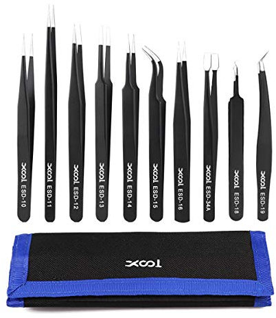 XOOL 10-delars precisionssaxpincettset, ESD-pincett av antistatiskt rostfritt stål, flerstandard, för labb, elektronik, smycken och detaljarbete