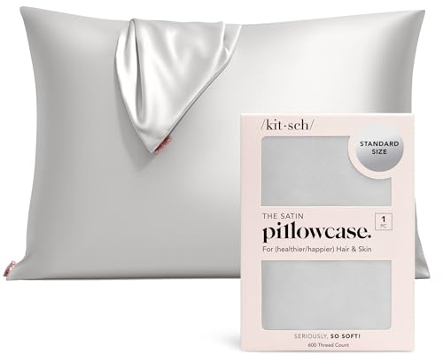 Kitsch Satin Pillowcase with Zipper for Hair & Skin - Softer Than Silk Pillow Cases, Smooth Cooling Satin Pillow Case, Wrinkle-Free, Machine Washable - Pillow Cases Standard Size 48x66 cm - Silver