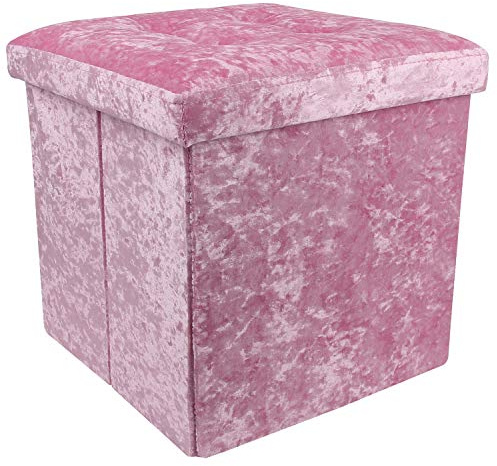 DANIEL JAMES Housewares Crushed Velvet Ottoman Foot Stool Storage Box Furniture Seat Rest Cube Foldable (Pink)