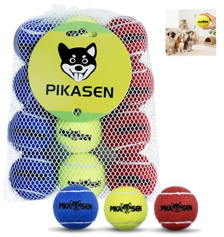 PIKASEN Dog Squeaky Tennis Balls for Pet Playing in 3 Sizes Premium Strong Dog & Puppy Balls for Training, Play, Exercise The Easiest Color for Dogs Red Yellow Blue (Medium-12pack)