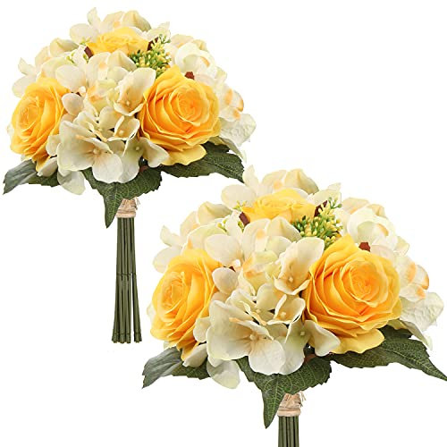 Briful Kunstblume Künstliche Blumenstrauß Kunstpflanze Blumenarrangements 2er Set Hortensie Rosenbouquet Höhe 30cm Dekopflanze für Arrangements Festtags-Tafel o. Hochzeit
