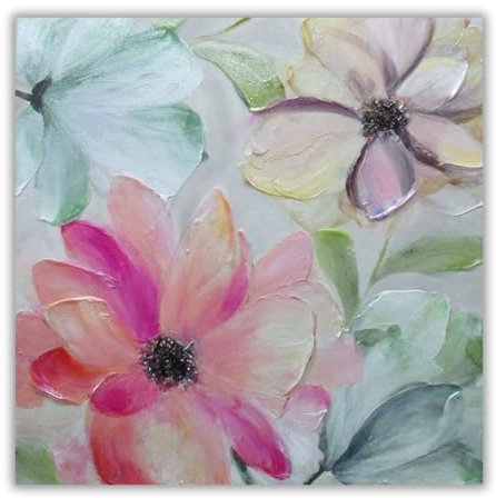 TemaDecor – Quadro Dipinto a Mano su Tela 40x40cm Canvas Moderno Fatto a Mano Pronto per essere Appeso - Arredamento e Decorazione da Parete - (Fiori Colorati Spring)