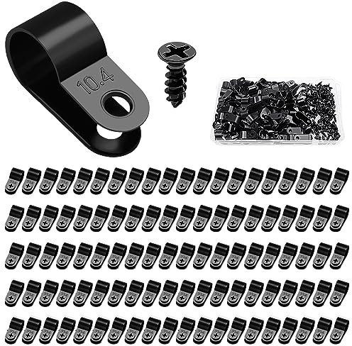 VooGenzek 100 Pièces 10.4mm (3/8 Pouce) R-Type Attache de Câble Pince de Fil, R-Type Nylon Plastique Câbles Clips avec 100 Pièces des Vis, pour la Gestion des Fils (Noir)