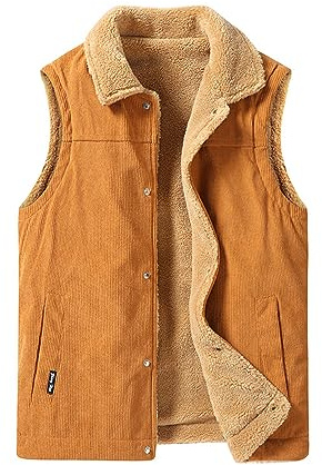 Perbai Chaleco de forro polar cálido de invierno para hombre, con solapa y botones, forro de sherpa, chaqueta sin mangas, Caramelo, Small