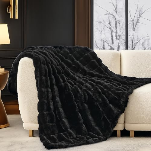 Mysig Bliss fuskpäls filt för soffan, mysig varm plysch randig filt för soffa sovrum vardagsrum, svart