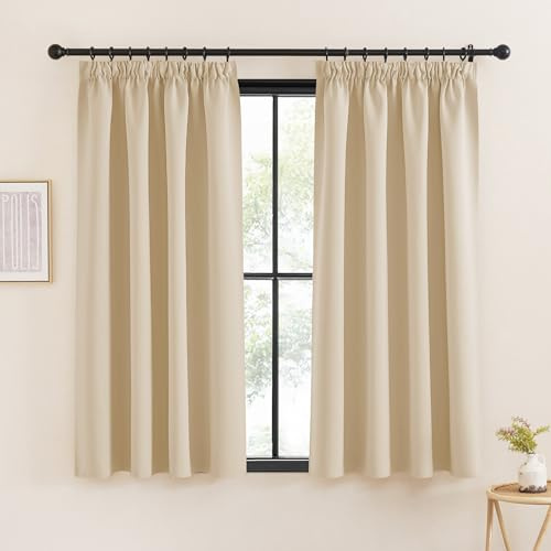 KGORGE Mörkläggningsgardin för skensystem, gardiner med veckband, 2 set, termisk gardin, köldskydd, 145 x 140 cm (H x B), ogenomskinlig kort sovrum, Biscotti beige