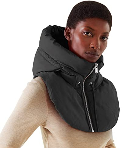 T-Shirt Femme avec Col Faux Gilet, Sans Manches, Fermeture Éclair, Fausse Capuche, Col Montant, Gilet Rembourré d'Hiver Léger et Amovible avec Dentelle, Noir, S-M