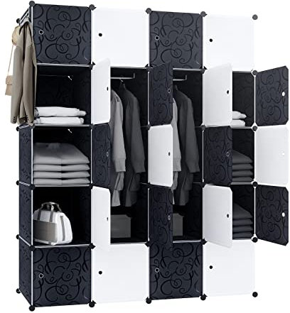 FIVMEN Kleiderschrank Schwarz Weiß Garderobenschrank Steckregalsystem mit 20 Würfel DIY Kleiderschränke Kunststoffschrank mit Tür Regalsystem Schrank Standregal 145 cm Breit