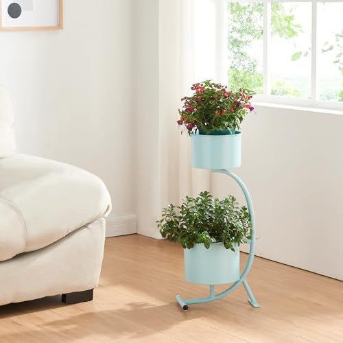 [en.casa] Stand Portapiante con Custodie per Vaso Piedistallo a Forma di C per 2 Piante Supporto Espositore Piante Fiori Portavasi Cilindrici in Metallo 63 x 29 x 21 cm Azzurro