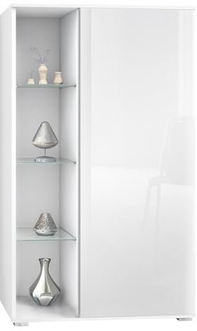 Vladon Vitrine Davos, Made in Germany, Standvitrine mit 3 Glasböden und 8 Fächer, Weiß matt/Weiß Hochglanz (71,5 x 134 x 35 cm)