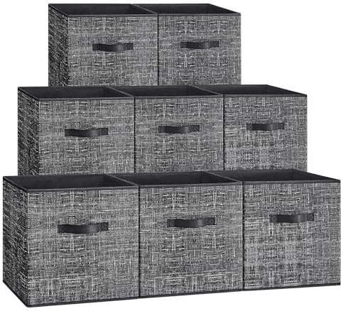 SONGMICS Storage Cubes, 33 cm Non-Woven Fabric Bins with Double Handles, Set of 8, Wardrobe Organisers for Shelves, Foldable, for Clothes, Ink Black ROB833B01