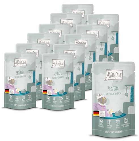MjAMjAM - Premium Nourriture Humide pour Chats - Quetschieschie - Senior - Poulet juteux, Paquet de 12 (12x125g), sans céréales