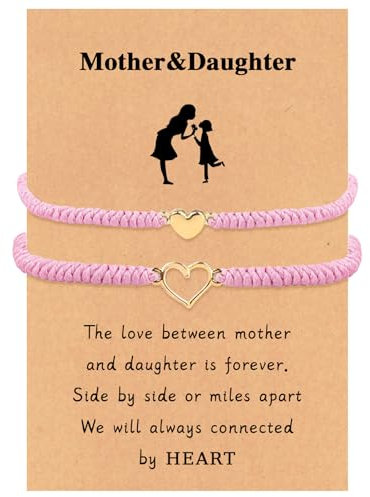 Mother and Daughter Matching Heart Bracelets Pink String Bracelets Mommy and Me Bracelets Heart Wish Set Back to School Gifts for Daughter First Day of School Bracelets for Daughter (Pink)