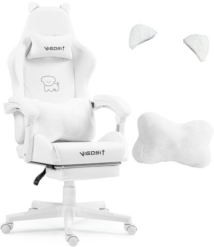 Vigosit Gaming Stuhl Niedlich mit Ohren und Kawaii Kissen, Ergonomische Computer-Spiel-Stuhl für Mädchen mit Lendenwirbelstütze und Fußstütze, Bequeme zurücklehnen PC Gamer Stuhl für Teenager (White)