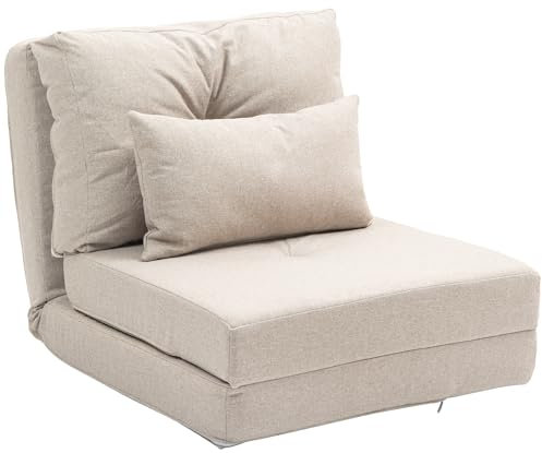 HOMCOM Fauteuil Convertible 1 Place Fauteuil Paresseux lit chauffeuse 1 Place - Coussin Inclus, Dossier réglable - Salon, Charge 120 kg, Tissu Lin Beige