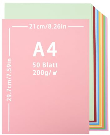 50 hojas de cartón de colores de 200 g/m², cartulina a4, cartulinas de colores, tarjeta A4, 10 colores, 21 x 29,7 cm, papel de tarjeta para manualidades, decoración creativa