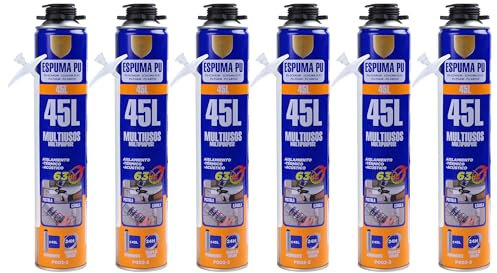 Espuma de Poliuretano 750ml con Cánula – Aislamiento Térmico y Acústico – Expansiva y de Secado Rápido – Para Construcción, Sellado y Reparación de Grietas, Pack de 6 unidades