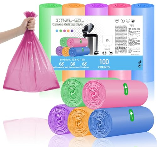 XUXRUS Sacchi Immondizia 15L Sacchetti Sacchetti Umido Colorato Resistenti e Durevoli, Anti-Strappo e Anti-Perdite, 100 Pezzi Sacchetti Spazzatura Piccoli per Bagno, Cucina, Ufficio, Facili da Usare