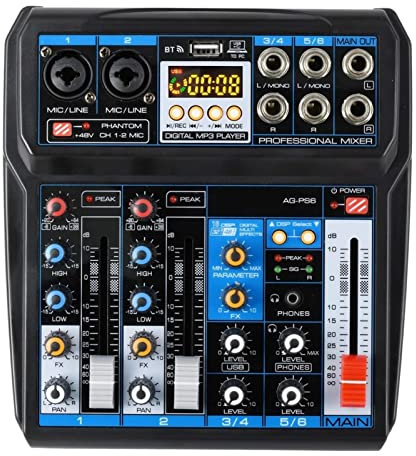 SBCGFY Equipo de DJ para Fiestas AG-PS6 Bluetooth, Tarjeta de Sonido para Ordenador, grabación USB, 6 Canales, 2 Mono, 2 estéreo, 16 Efectos Digitales, Mezclador de Audio